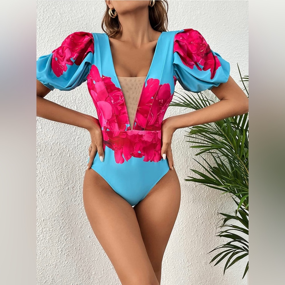 Women One Piece Swimsuit Bubble Sleeves Bathing Suit Tropical Monokini - Picture 2 of 8